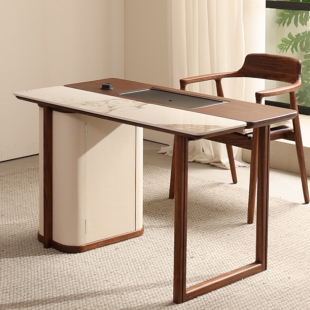 新中式阳台茶桌简约家用小茶台乌金木茶桌椅茶盘一体黑胡桃色茶台