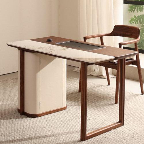 新中式阳台茶桌简约家用小茶台乌金木茶桌椅茶盘一体黑胡桃色茶台