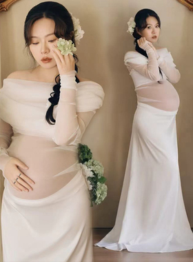 影楼新款孕妇拍照高级感白色裙飘逸时尚连衣裙妈咪艺术照写真服装