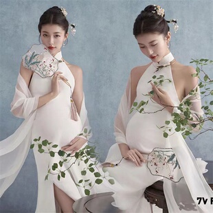影楼新款孕妈拍照服装新中式复古禅意国潮孕妈咪白色礼服摄影