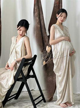 影楼孕妇照新款摄影服装唯美孕妈咪纯欲风白色高级感大肚照连衣裙
