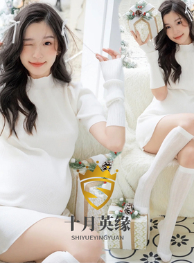 影楼孕妇写真服装圣诞节主题白色连衣裙新款大肚孕妈咪拍照摄影服