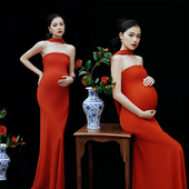红色抹胸裙孕妈咪艺术照摄影服 复古简约时尚 影楼新款 孕妇照服装