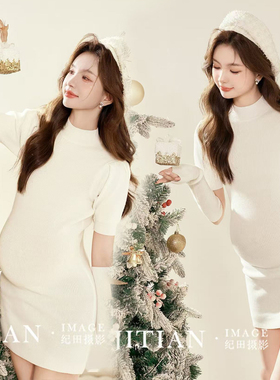 影楼孕妇写真服装圣诞节主题白色连衣裙新款大肚孕妈咪拍照摄影服