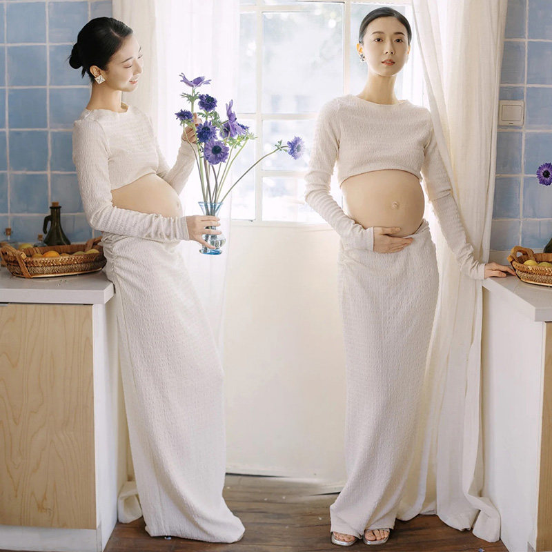 影楼新款孕妇拍照礼服气质优雅时尚白色长裙孕妈居家写真摄影服装