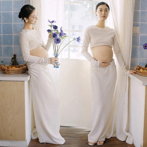 影楼新款孕妇拍照礼服气质优雅时尚白色长裙孕妈居家写真摄影服装