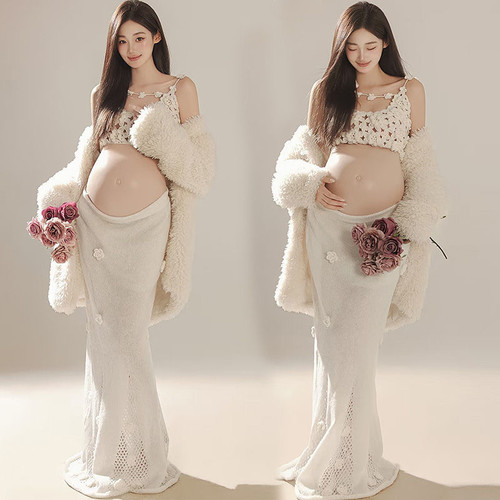 2923秋冬新款影楼孕妇拍照写真服装慵懒毛衣立体针织花朵套装