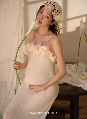 影楼孕妇照新款摄影服装唯美孕妈咪抹胸白色高级感大肚照连衣裙