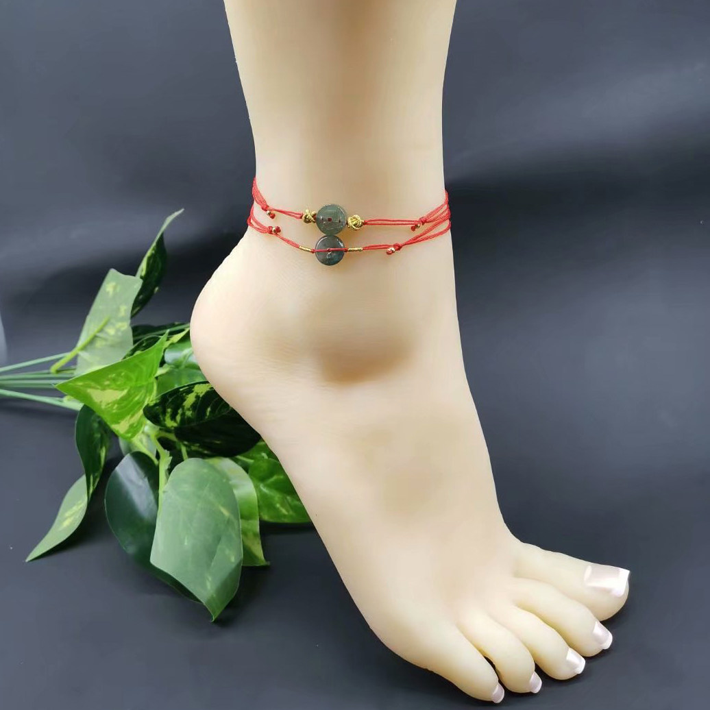 天然翡翠玉红绳脚链 平安扣红脚绳超细女款本命年简约男女情侣