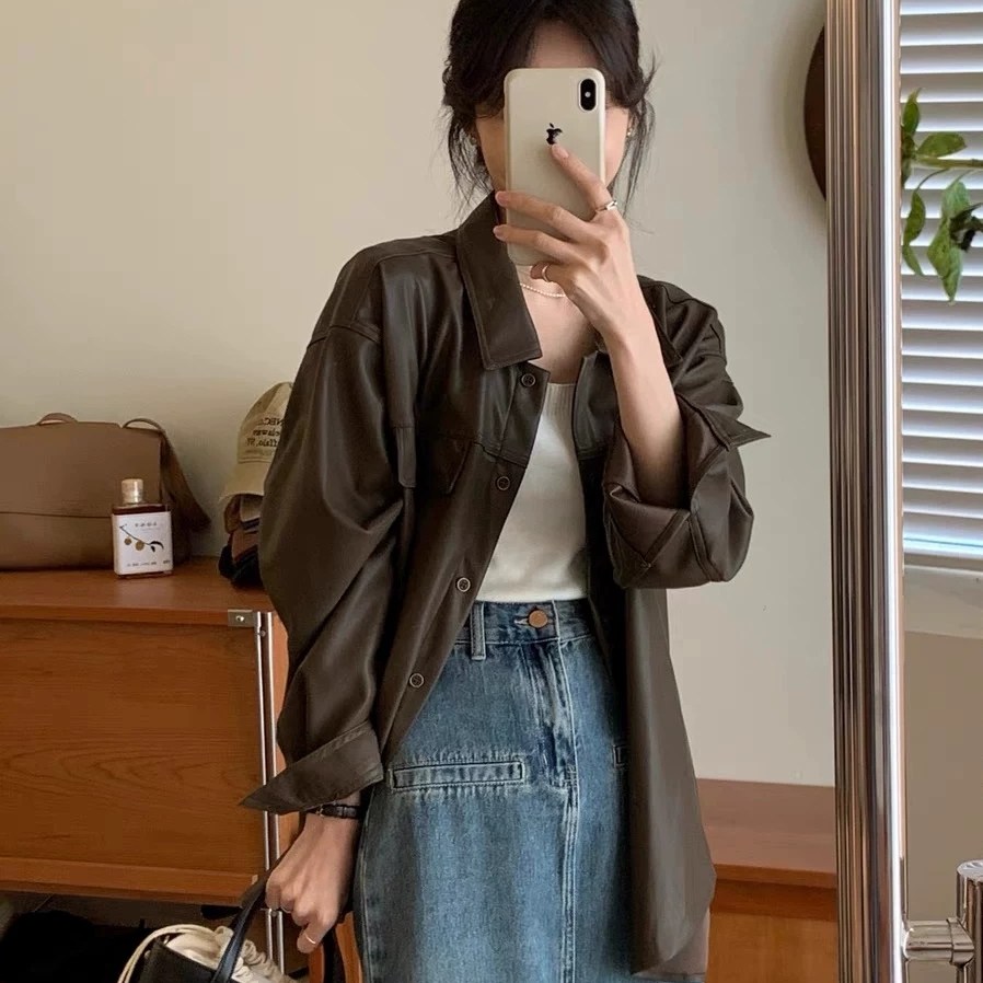 2025秋冬新款静酷风中长款休闲皮衣外套女宽松高级感衬衫时尚百搭