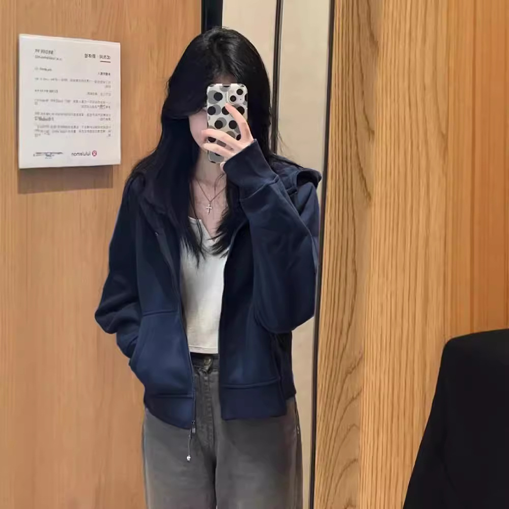小个子短款卫衣百搭外套女2025年新款秋季墨连帽拉链开衫上衣