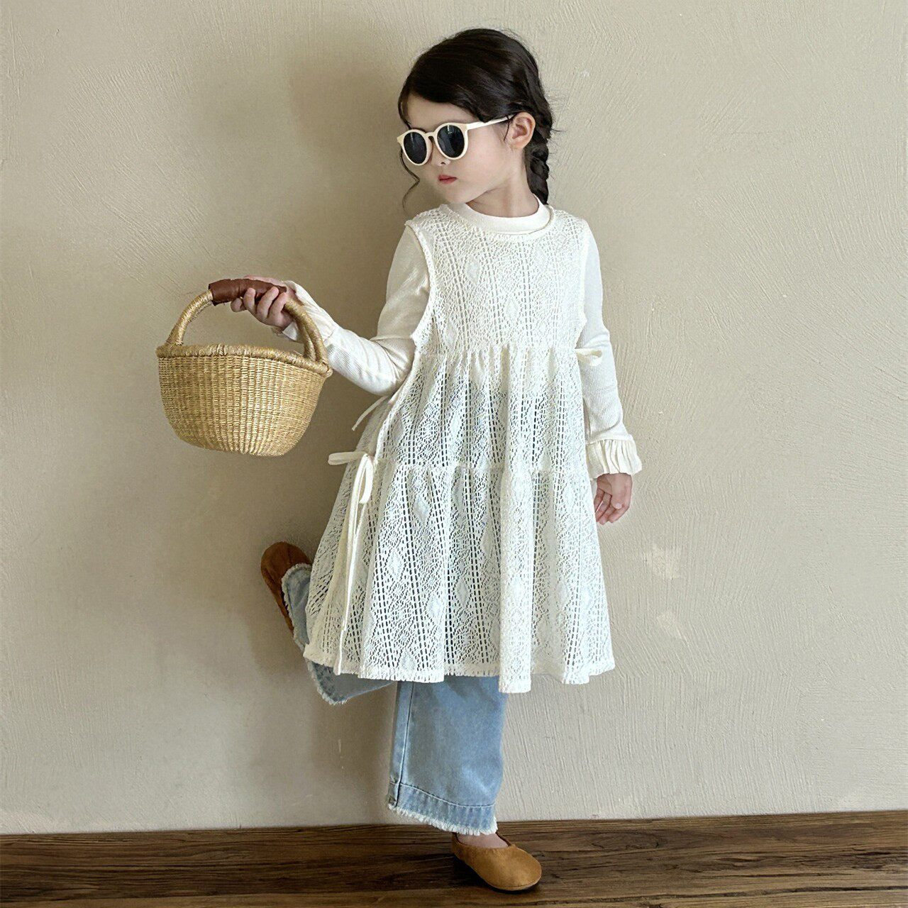 女童韩版温柔风连衣裙春夏新款休闲镂空两件套小童洋气蕾丝背心裙