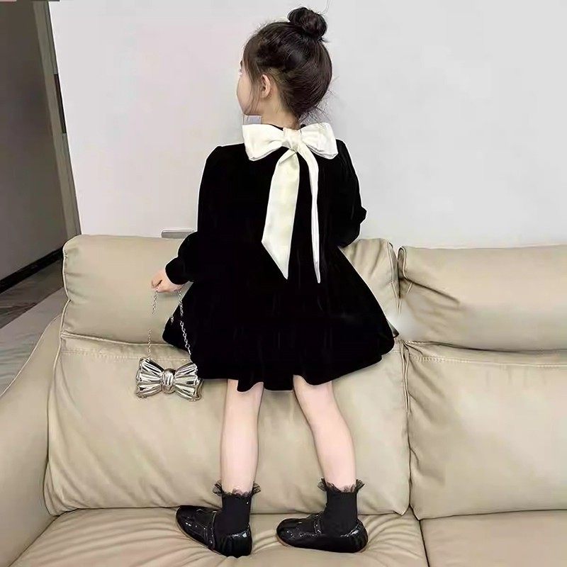 女童赫本风丝绒连衣裙春季新款高级感公主裙小童加绒洋气生日礼服