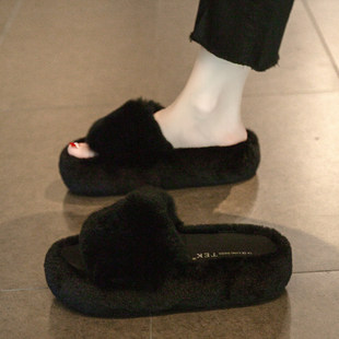 踩屎感一字棉拖鞋 秋冬兔毛加绒毛毛鞋 女外穿2024新款 厚底毛毛拖鞋