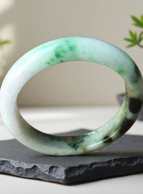 老坑a货翡翠手镯54绿色飘花白底青阳绿证书天然缅甸玉镯子0049