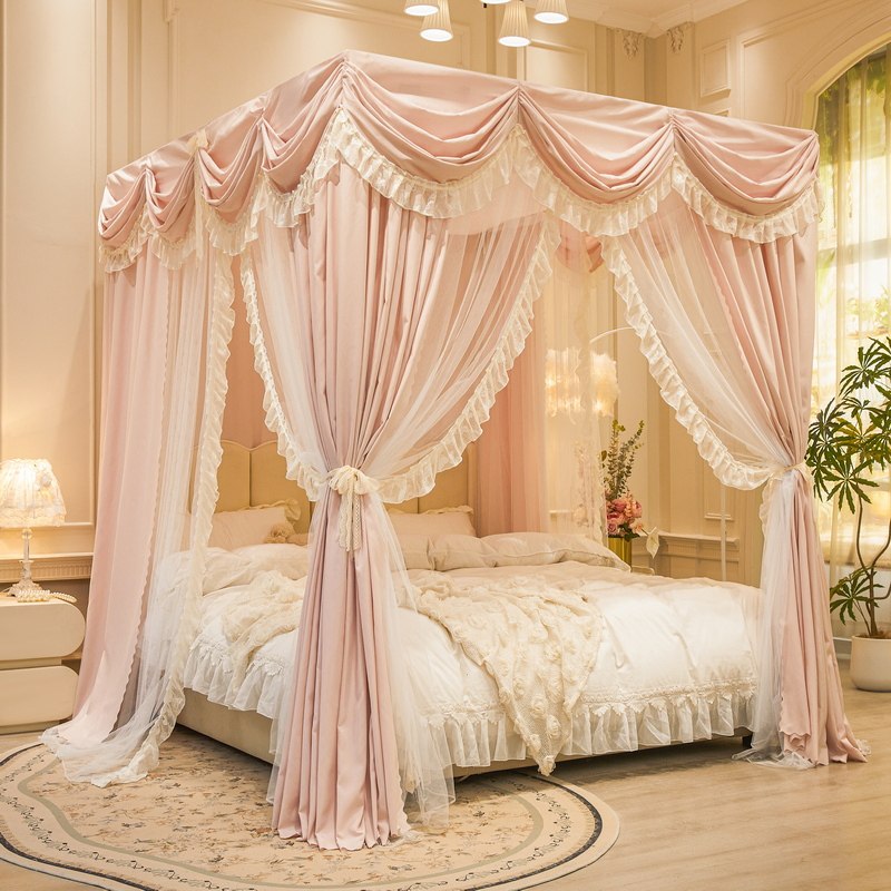 新款双层遮光布床帘一体式宫廷蚊帐家用卧室床幔落地加粗双杆支架