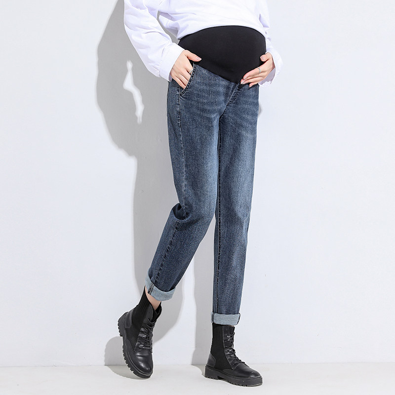 孕妇牛仔裤加绒加厚外穿哈伦版形九分长裤孕妇装弹力托腹裤子冬季