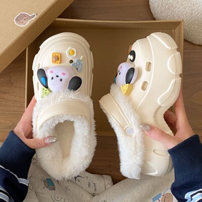 加绒洞洞鞋女外穿冬季足弓支撑厚底增高保暖可拆卸毛绒棉拖鞋冬天