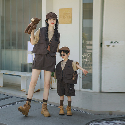 时尚亲子装户外露营登山母子母女装一家三口工装休闲马甲工装裤夏