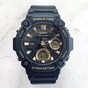 学生经典 卡西欧手表男CASIO 120W 金盘指针双显数字电子表 AEQ