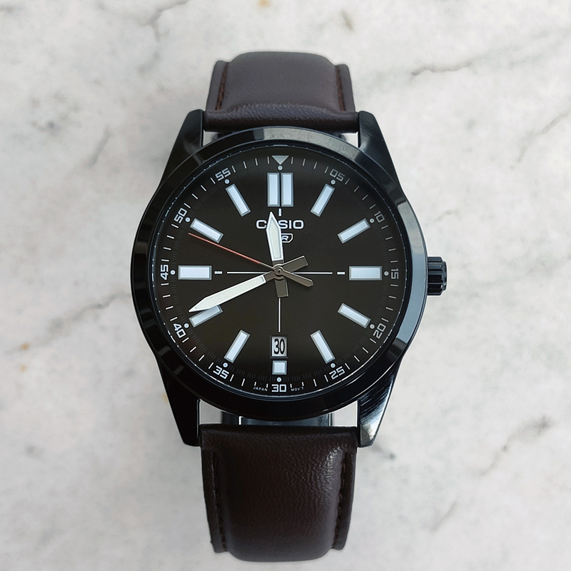 卡西欧手表casio mtp-vd02bl-5e 棕皮带防水商务夜光水鬼石英表