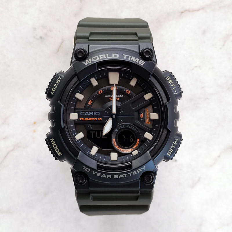 卡西欧手表男casio aeq-110w-3a 学生经典绿色复古夜光指针双显表