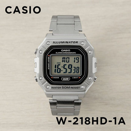 卡西欧手表CASIO W-218HD-1A钢带银色休闲运动中性方块防水电子表