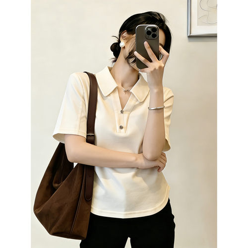 黑色polo领正肩短袖T恤女