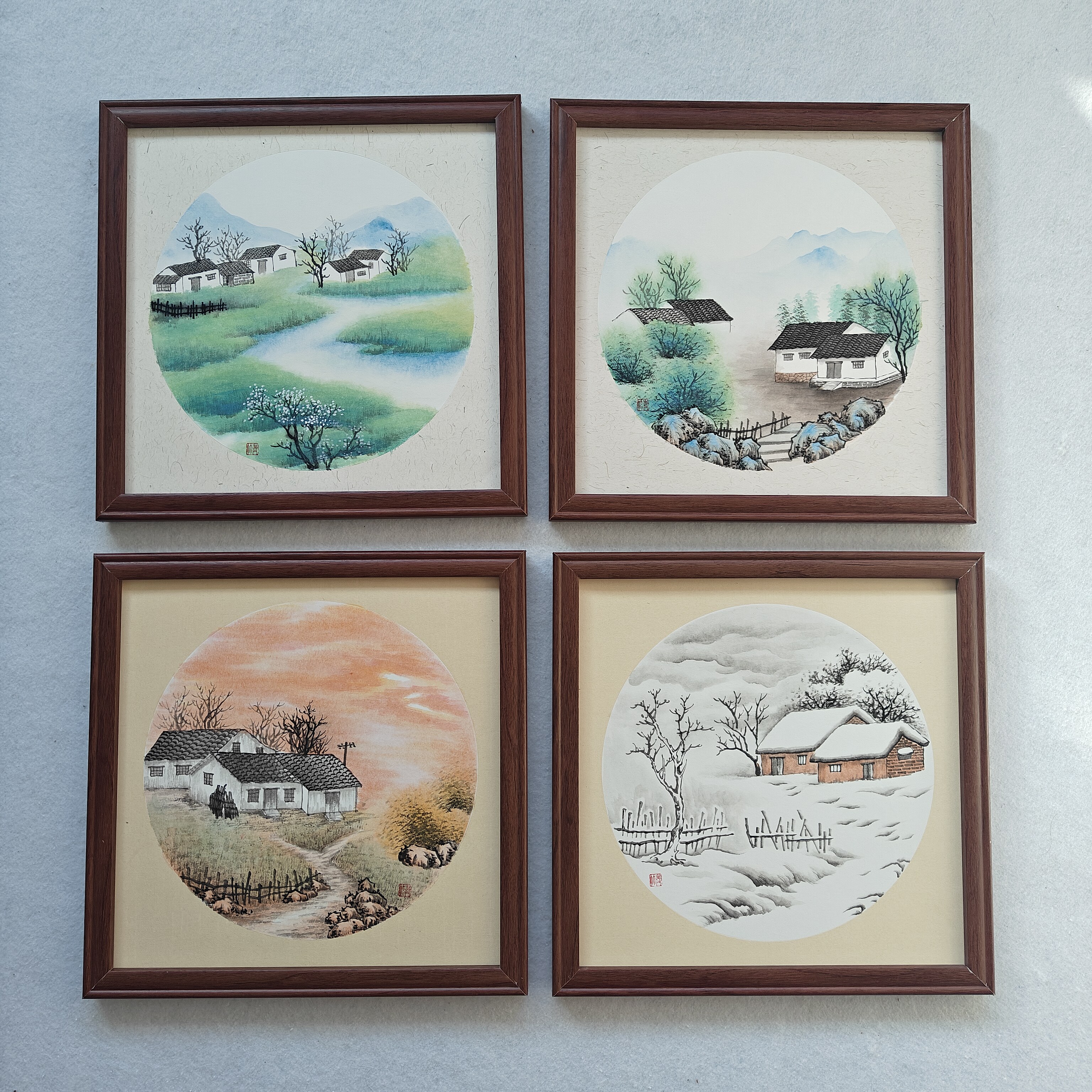 山水画团扇镜面纯手绘国画国画