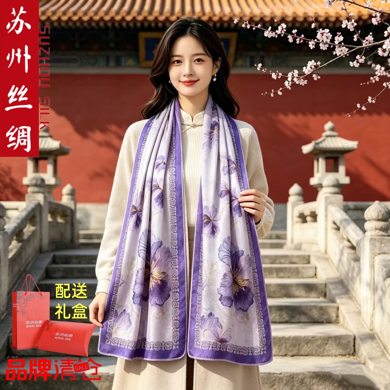 苏州丝绸香云纱真丝桑蚕丝巾春秋冬季百搭围巾外搭披肩送人礼盒装