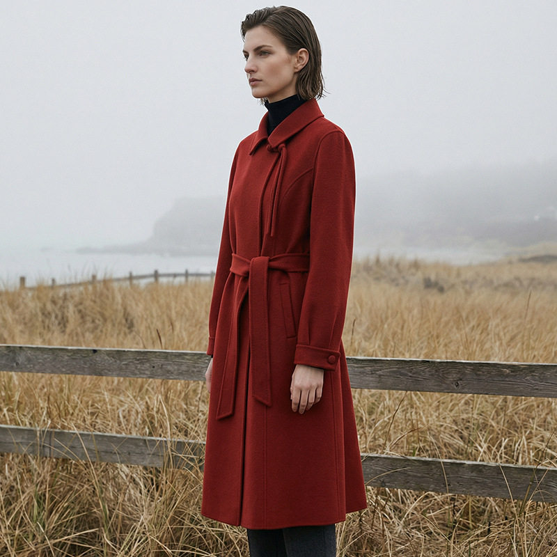 本命年红色大衣女高端双面呢系带收腰气质中长款羊毛呢子外套秋冬