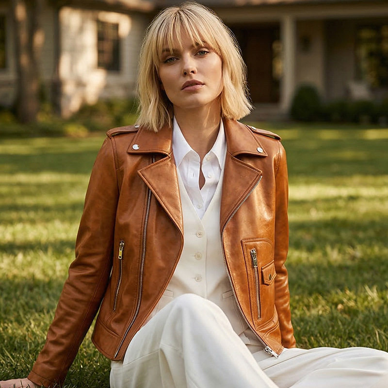 春季新款真皮皮衣女短款做旧复古机车夹克美式修身显瘦棕色皮外套