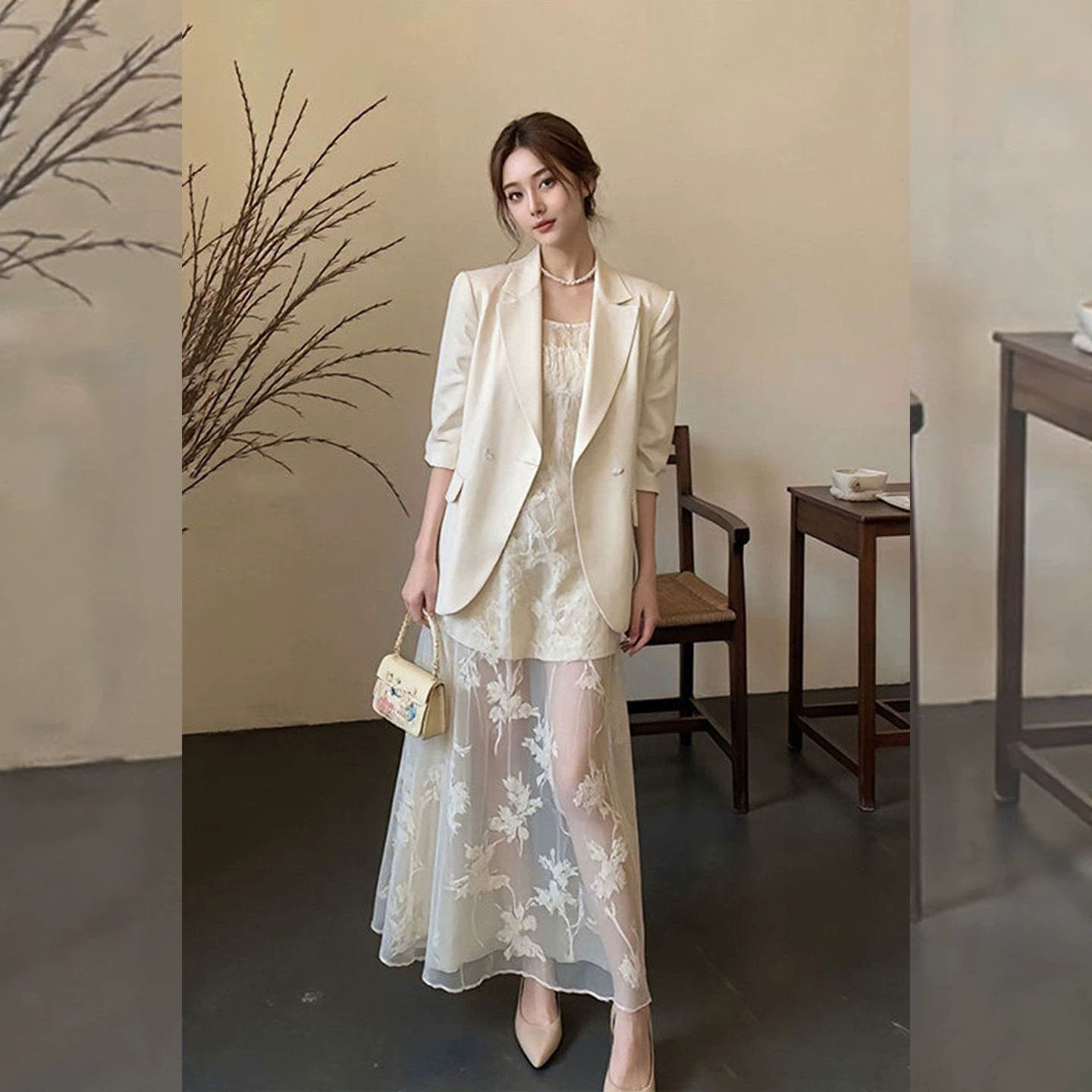OK-372小香风白色西装外套女春季新款廓形西服蕾丝吊带裙两件套