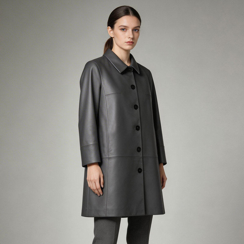 2026春季新款高级感灰色真皮皮衣女中长款通勤风修身显瘦风衣外套