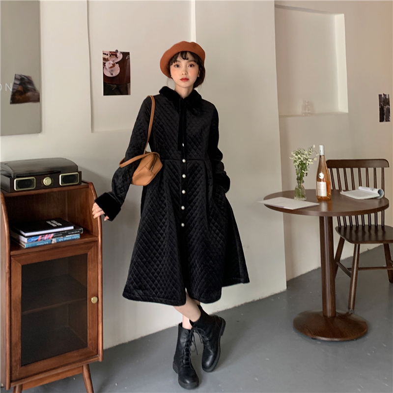 Real price real shot French style retro wool collar waist clip cotton dress