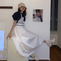 Back button bubble sleeve shirt + contrast vest long skirt suit