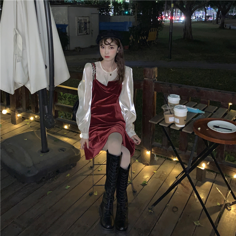 Real price real shot Red Velvet girl's Satin stitching thickened velvet dress