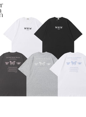韩国正品Letter from moon蝴蝶字母刺绣宽松短袖女夏美式复古T恤