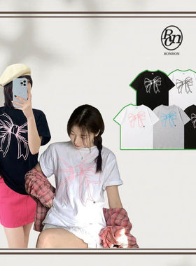 韩国正品RONRON蝴蝶结印花宽松休闲短袖女夏季新款T恤纯棉小众ins