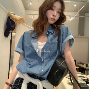 天丝薄牛仔衬衣1638 衬衫 巧巧东大门夏韩版 甜酷翻领设计感口袋短袖