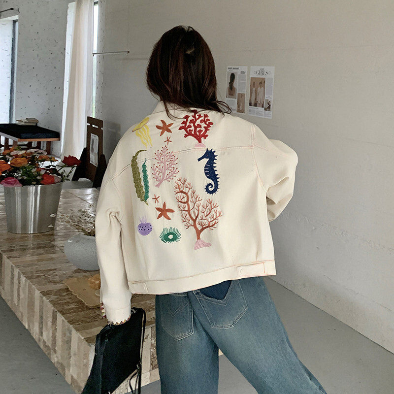 小众翻领重工刺绣洋气时尚夹克棉麻牛仔高级感宽松休闲百搭外套
