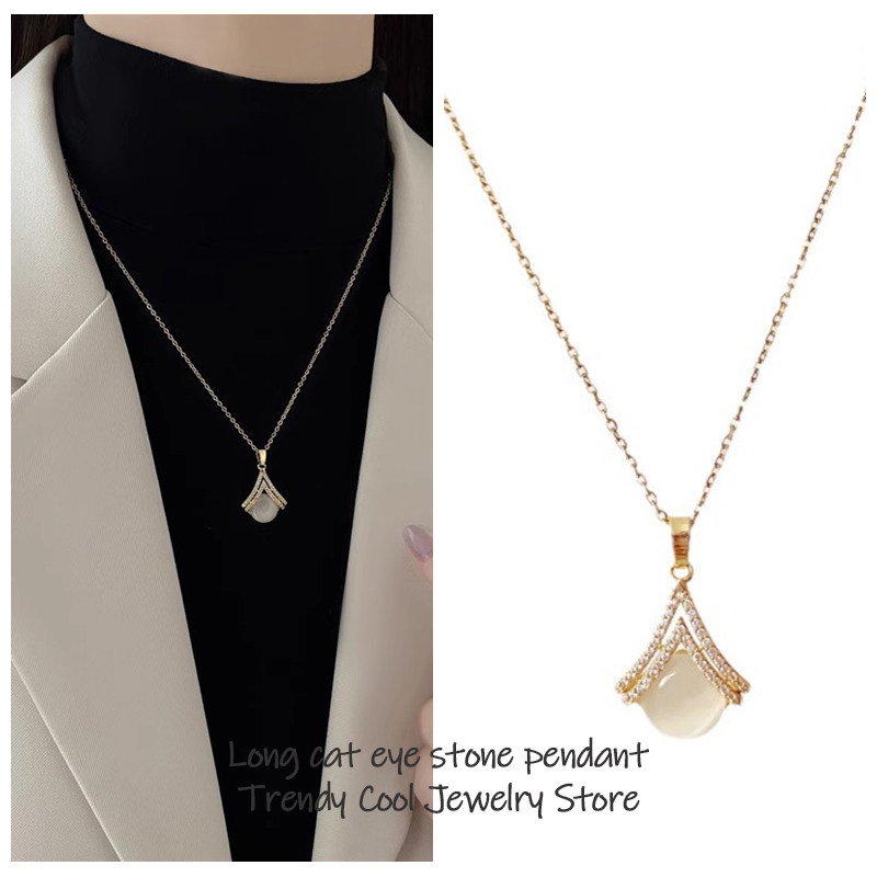 长款猫眼石吊坠项链女小众设计感高级锁骨链秋冬纯银冷淡风毛衣链