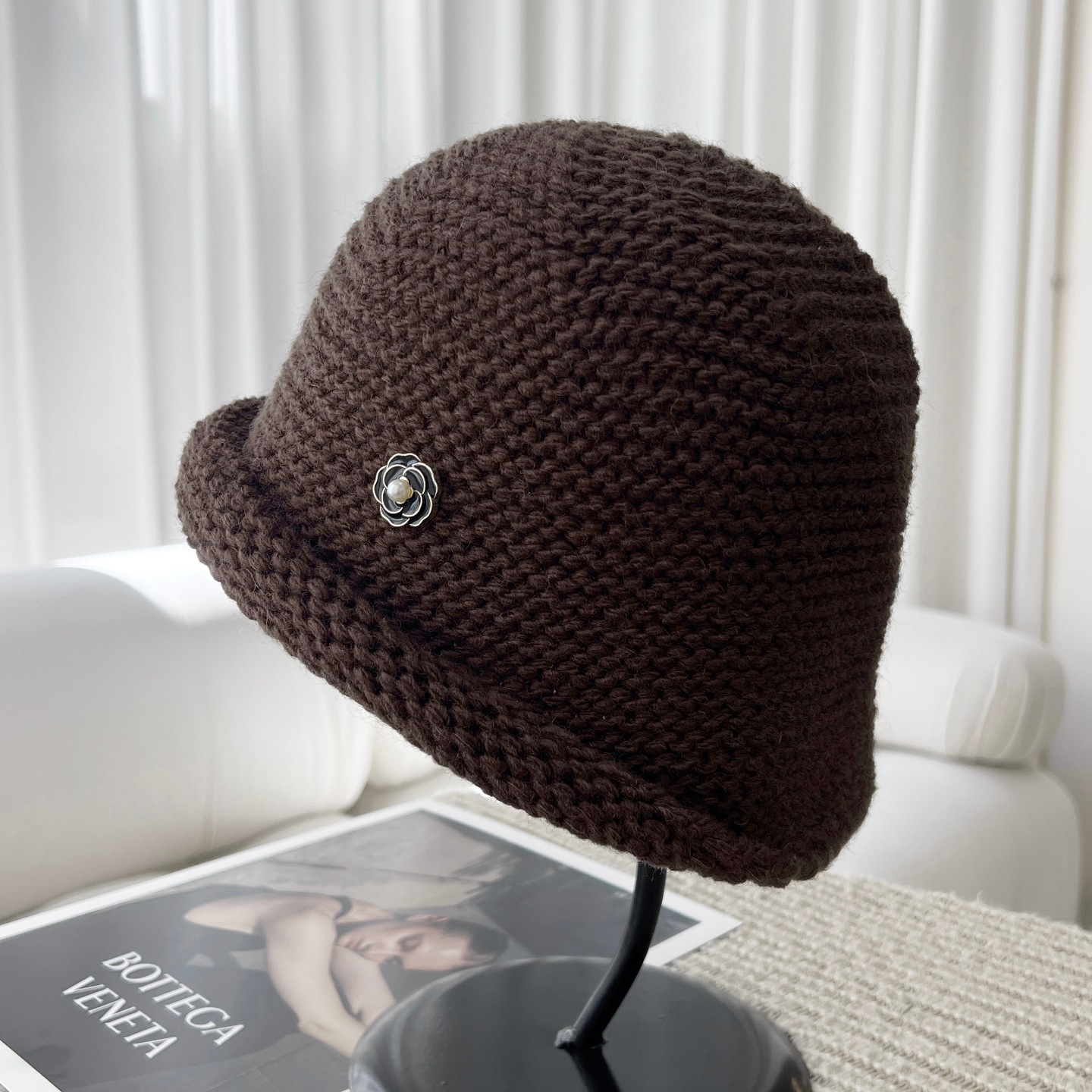 日系小香风羊毛针织卷边水桶帽女