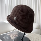 小香风羊毛针织卷边水桶帽子女秋冬日系复古渔夫帽大头围粗檐盆帽