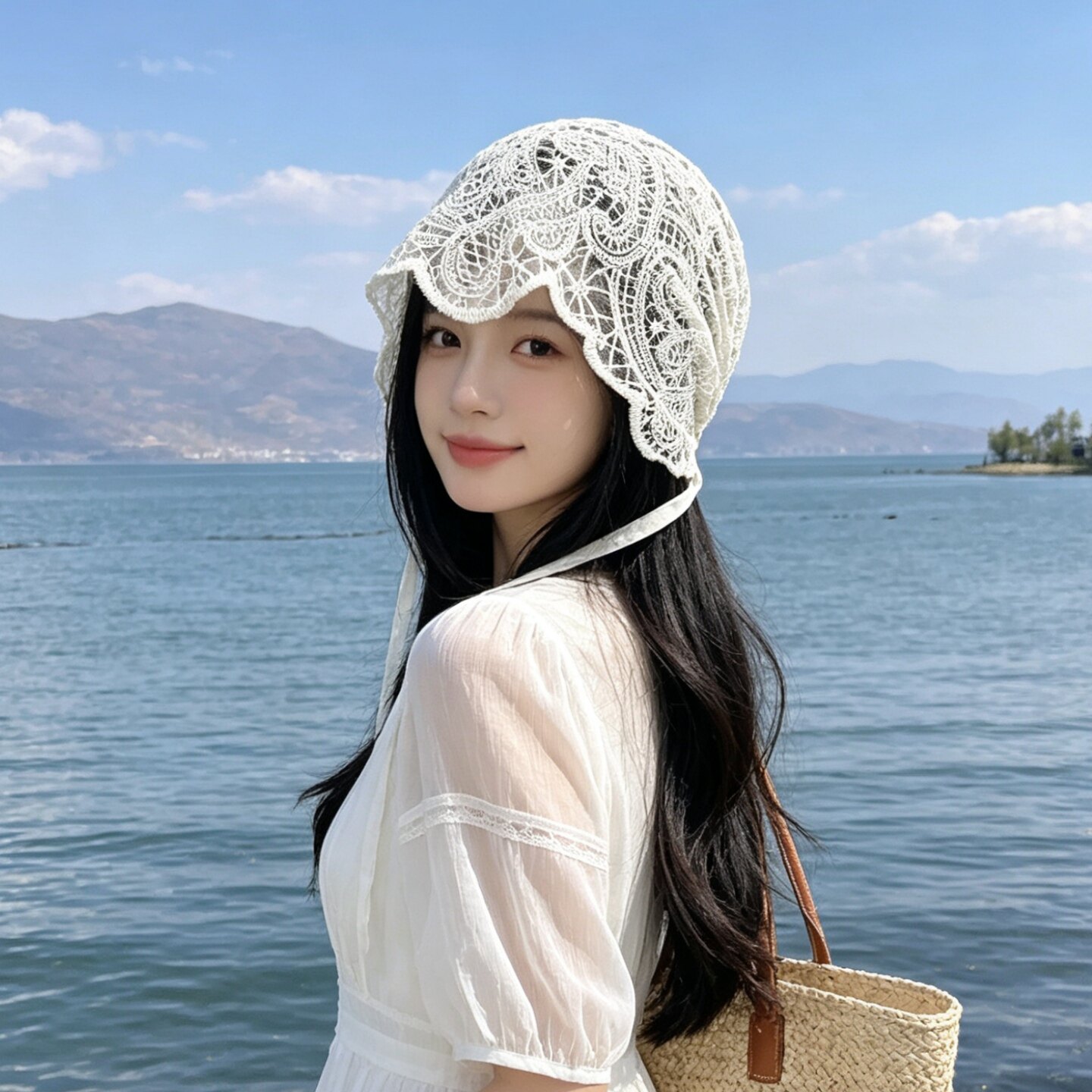 仙女气质手工钩花蕾丝包头帽女夏季镂空公主帽百搭出游拍照头巾帽