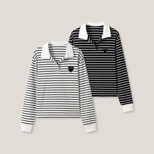 韩系休闲Polo领棉感长袖 条纹定律 T恤SS26376 24H