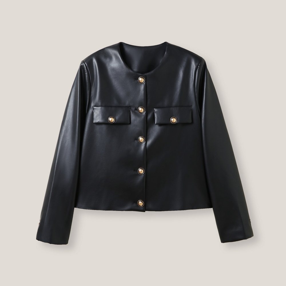 1-23F C 气质纯色圆领单排金属扣长袖皮外套SS26387,女装/女士精品,短外套,淘宝优惠券,粉丝福利购,淘宝优惠卷