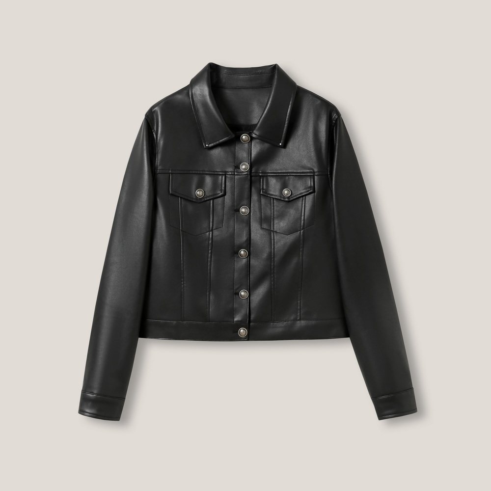 1-23F  C 时尚气质纯色翻领单排金属扣长袖皮外套SS26386,女装/女士精品,短外套,淘宝优惠券,粉丝福利购,淘宝优惠卷