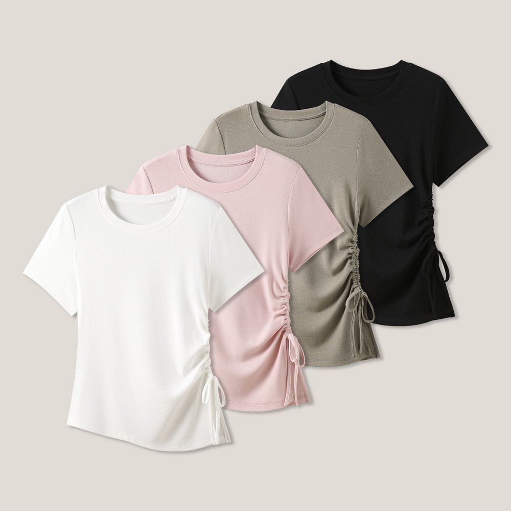 3-31F C 侧边褶皱抽绳收腰简约休闲百搭圆领短袖T恤SS28017