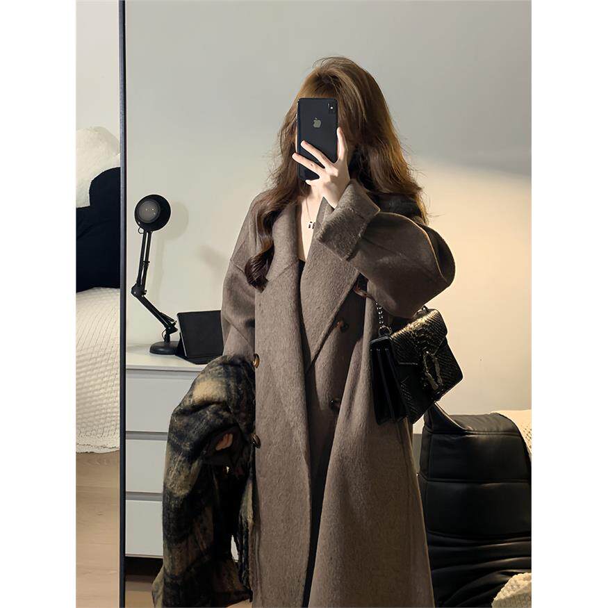 美拉德布朗双面羊绒女装2025新款中长韩式宽松高端羊毛外套